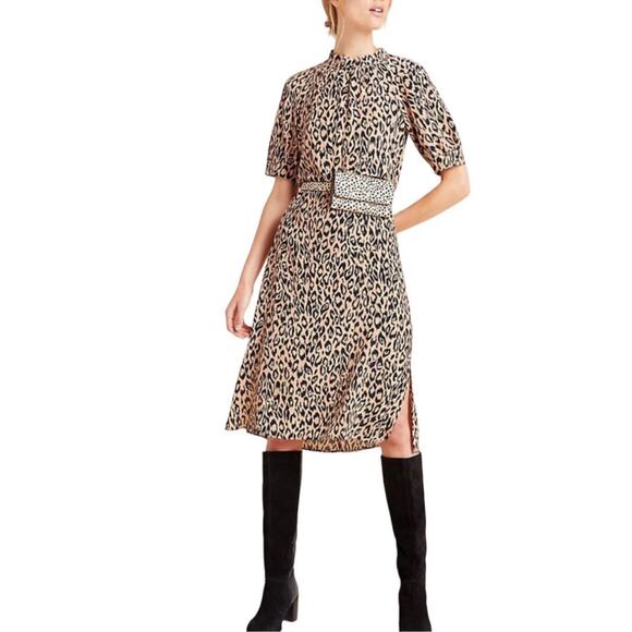 By Anthropologie MacKenzie Leopard Print Midi Shift Dress Small Mock Neck V27 - Picture 3 of 8